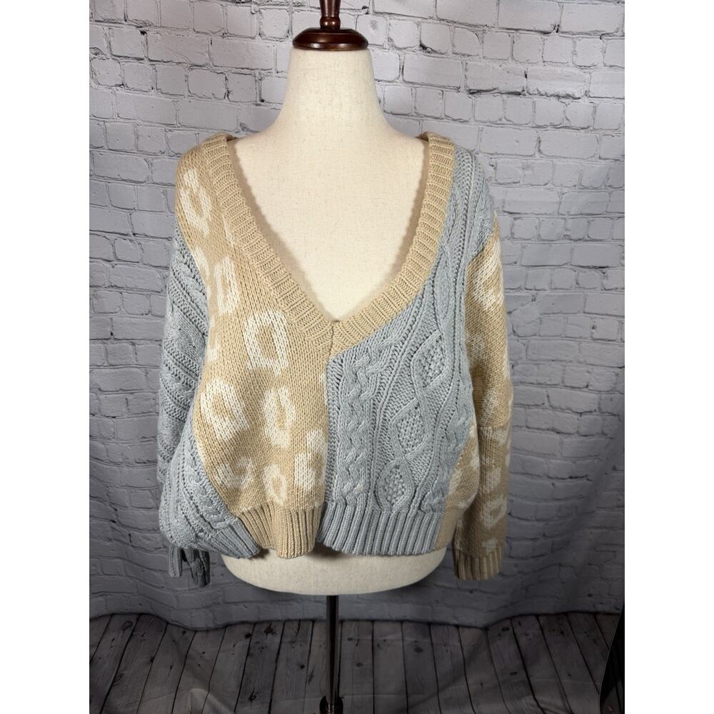 POL Slouchy Oversized Chunky Knit Cropped Leopard‎ V Neck Sweater New Large